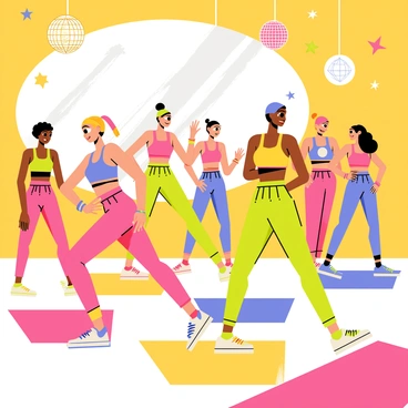 A vibrant aerobics class set in the 1980s, featuring participants in bright neon-colored workout attire. The class has individuals wearing high-waisted leggings in pink, green, and yellow, paired with colorful crop tops. Some participants sport headbands and wristbands in matching neon hues. The backdrop shows a large mirror reflecting the energetic movements of the class. Brightly colored mats are laid out on the floor as participants perform lively aerobic exercises, surrounded by disco balls and energetic lighting.