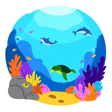 A vibrant underwater scene filled with various marine life including colorful fish, a graceful sea turtle, and playful dolphins. The coral reefs are teeming with detail, featuring bright orange, purple, and yellow corals. Sunlight filters down through the water, creating shimmering patterns on the sandy ocean floor. Small schools of fish swim among the corals, while a starfish clings to a rock in the foreground.