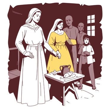 A white-clad Jeanne d'Arc stands in a dimly lit room, her expression a mix of resolve and sorrow as she prepares to leave for war. Surrounding her are her family members, their faces filled with concern and pride. Her mother, dressed in a simple yellow gown, clutches Jeanne's hand tightly, while her father stands beside them, his face etched with worry. In the background, a wooden table is set with a small loaf of bread and a pitcher, symbolizing their humble home. Light filters through a nearby window, casting soft shadows across the scene, emphasizing the emotional farewell.