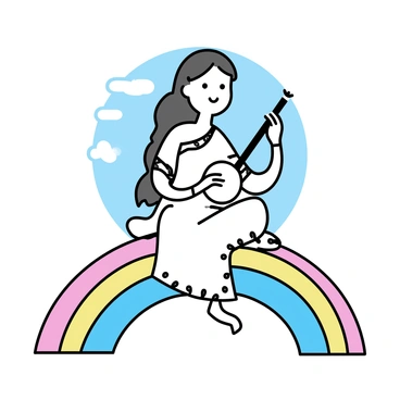 A figure of "Saraswati," depicted sitting gracefully on a "rainbow." The goddess has a serene expression, gazing down towards the "earth" below. She is adorned in flowing white garments, with intricate patterns. Her long hair cascades down her shoulders. "Saraswati" holds a "veena" in one hand, while the other hand is positioned elegantly. The rainbow arcs beneath her, blending vibrant colors. The background features a soft blue sky dotted with a few wispy clouds.