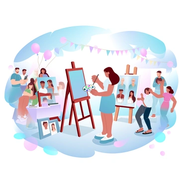 Marie Savart is standing at an easel, surrounded by vibrant festival decorations. She holds a palette filled with various colors in one hand, and a paintbrush in the other, focused on a canvas. Festival-goers in colorful attire are mingling around her, some stopping to observe her work. There are balloons and banners in the background, creating a lively atmosphere. A table nearby displays completed portraits of different individuals, showcasing a variety of styles. Sunlight filters through the trees, adding a warm glow to the scene.