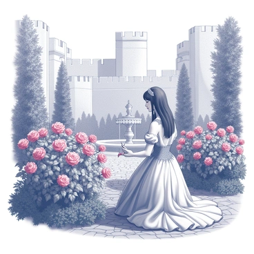 A noblewoman in a flowing gown kneels beside an array of roses in a castle garden. The gown features intricate lace detailing that emphasizes her status. She carefully prunes the vibrant flowers with delicate shears. The garden is surrounded by high stone walls, showcasing the castle architecture in the background. Rose bushes in various stages of bloom fill the space, with lush green foliage creating a vibrant atmosphere. A cobblestone path winds through the garden, leading to an ornate fountain at the center. Sunlight casts soft shadows across the scene, highlighting the noblewoman's focused expression as she tends to her beloved plants.
