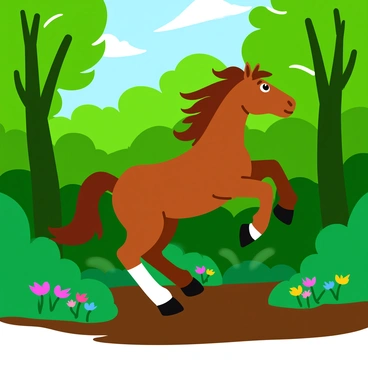 A bucking horse with a shiny chestnut coat is dashing through a dense, lush forest. The horse has its mane flowing wildly in the wind as it leaps over thick underbrush. Surrounding the horse are tall trees with vibrant green leaves and patches of sunlight filtering through the canopy. The ground is covered in rich, dark brown soil and scattered with colorful wildflowers. A sense of energy and motion is portrayed as the horse's hooves lift off the ground, creating small clouds of dust.