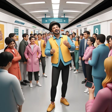 A busker comedian, wearing a brightly colored vest and a black bowler hat, stands in the center of a busy subway station. He is animatedly performing, with a wide grin on his face, as he tells jokes and engages the crowd. Around him, a diverse group of people are laughing, some holding smartphones to capture the moment. The station is bustling with commuters, including a woman in a red coat and a man in a blue suit, who stop to watch the performance. Posters and advertisements line the walls, and trains can be seen in the background, adding to the vibrant atmosphere of the scene.
