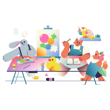 A playful scene features a variety of animals gathered around a large table, actively engaged in creating art for an online class project. On the left, a bunny with soft gray fur is painting a colorful canvas with bright splashes of paint. Next to it, a cheerful yellow duckling is carefully gluing pieces of paper to form a collage. To the right, a clever fox with orange fur is sketching ideas in a notebook, sporting a blue apron. In the background, a turtle with a patterned shell is arranging craft supplies, including scissors and markers, while a parrot with vibrant feathers holds a paintbrush in its beak, ready to add some flair to the project. The room is filled with scattered art supplies and vibrant decorations that enhance the creative atmosphere.