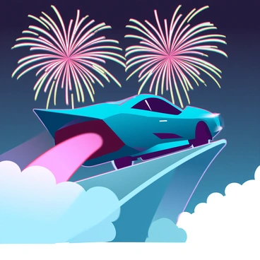 An express car launching from a ramp with fireworks in the sky