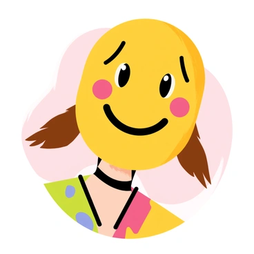 A person with a bright, cheerful mask on their face, which features a wide, smiling mouth and rosy cheeks. Beneath the mask, their eyes are filled with tears, showcasing a deep sadness that contrasts with the happiness of the mask. The person has brown hair peeking out from the sides of the mask, and they are wearing a colorful shirt. The background includes soft, blurred colors to emphasize the emotional conflict between the happy mask and the sad eyes.