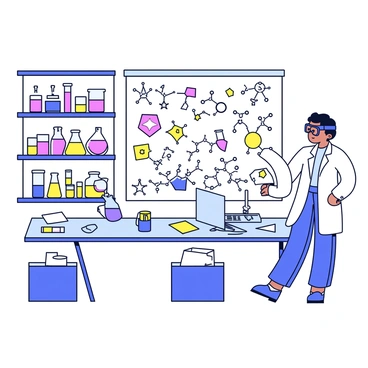 A scientist wearing a white lab coat and safety goggles stands in a laboratory. The scientist is looking intently at a large screen displaying colorful chemical diagrams and molecular structures. The background features shelves filled with various lab equipment including beakers, flasks, and test tubes. A lab table is cluttered with notes, a laptop, and a few more diagrams. The lighting in the lab is bright, highlighting the details of the diagrams on the screen.