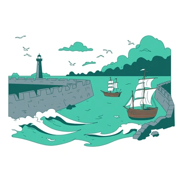 A teal harbor is surrounded by sturdy gray stone walls that protect it from the crashing waves of a white raging sea. A few brown wooden ships with billowing sails are anchored securely within the calm waters. Seagulls fly over the harbor, adding liveliness to the scene. In the distance, dark clouds loom, creating a stark contrast with the serene atmosphere of the harbor. A lighthouse stands tall at one end, its light flickering, guiding ships safely to shore.