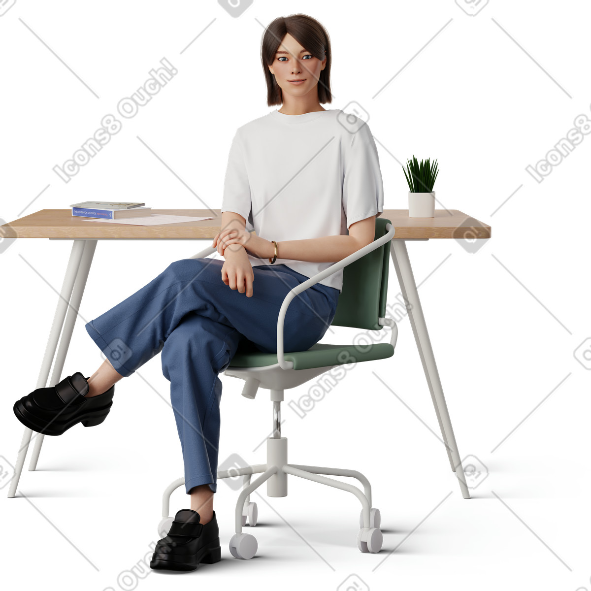 Young woman sitting in front of the table illustration 3D Hygge style download PNG, SVG