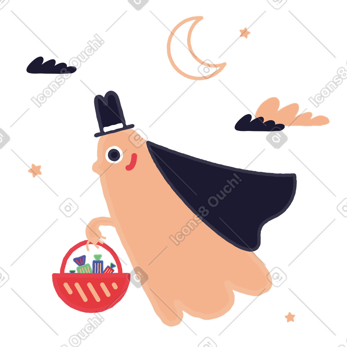 Halloween-geist mit hut und umhang fliegt süßigkeitenkorb-Illustration im Stripy-Stil als Download in PNG, SVG