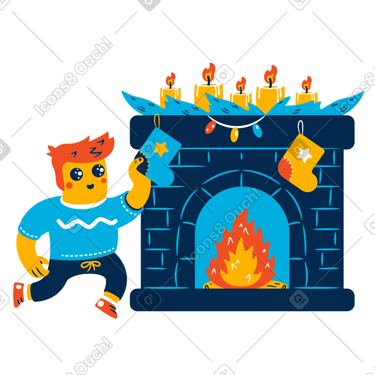 Flame 스타일의 크리스마스를 위해 벽난로를 장식하는 남자 일러스트레이션 PNG, SVG 다운로드