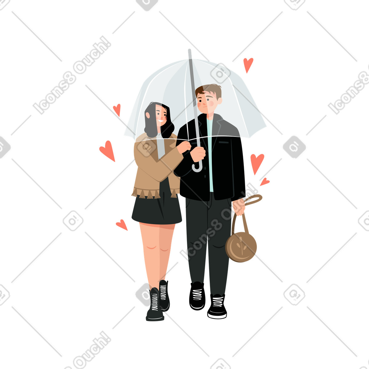 Ilustração de Amantes andando sob um guarda-chuva em no estilo Lagom para baixar em PNG, SVG