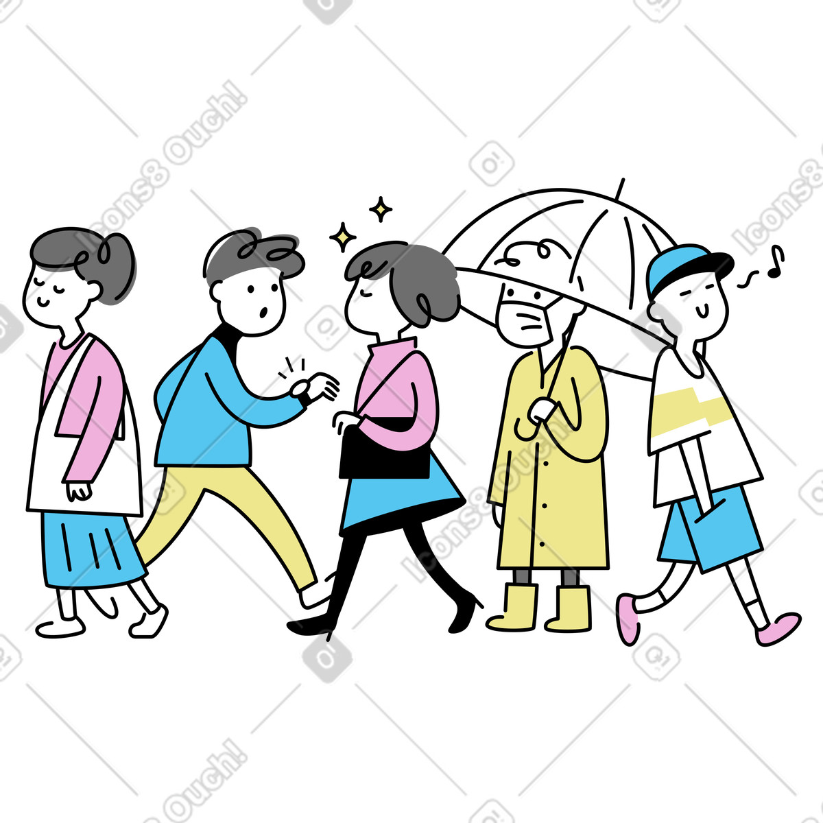 Mochi 스타일의 People walking together outdoors, Urban lifestyle and daily routine 애니메이션 일러스트레이션 GIF, Lottie(JSON), AE로 다운로드
