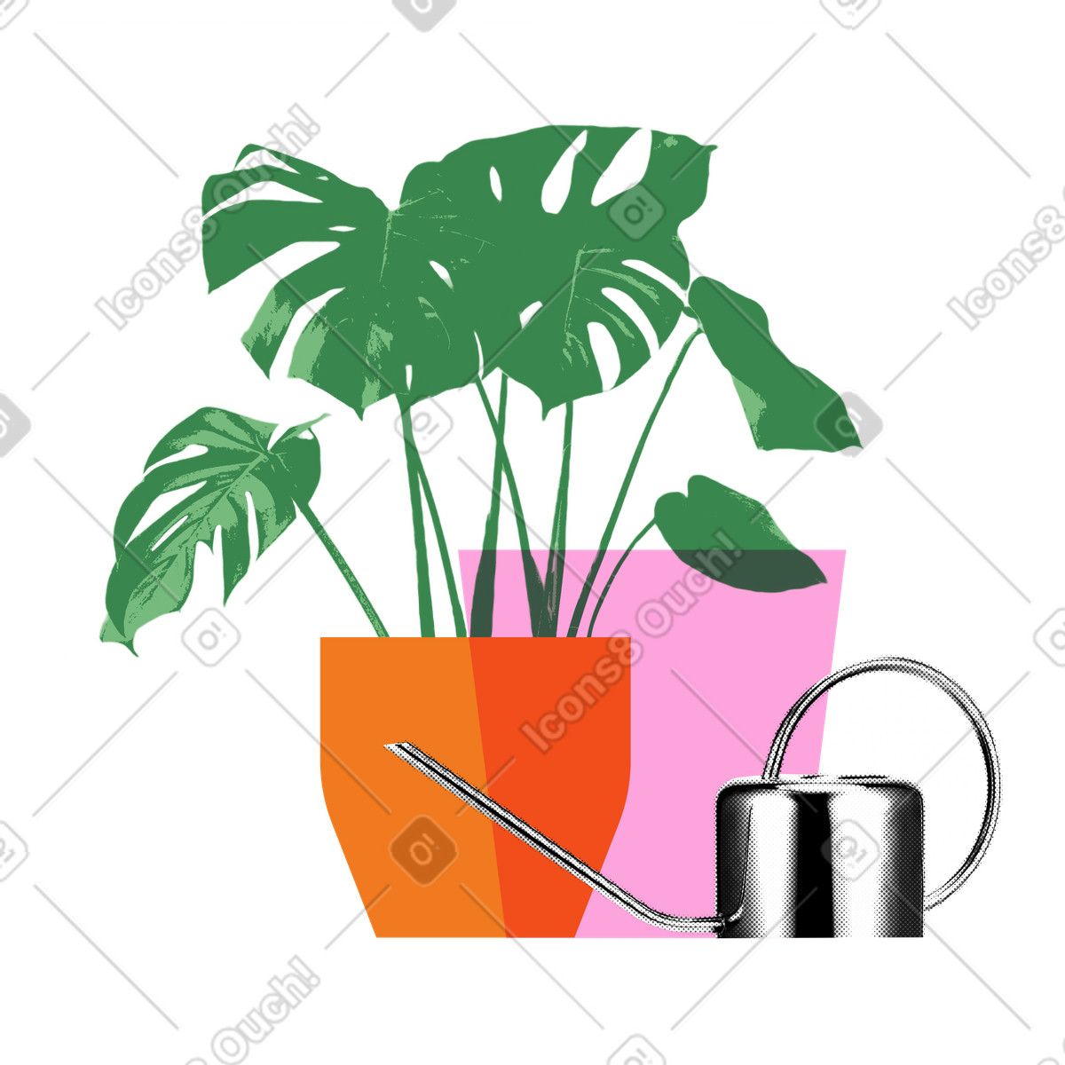 Home plant in a pot and watering can illustration in PNG, SVG