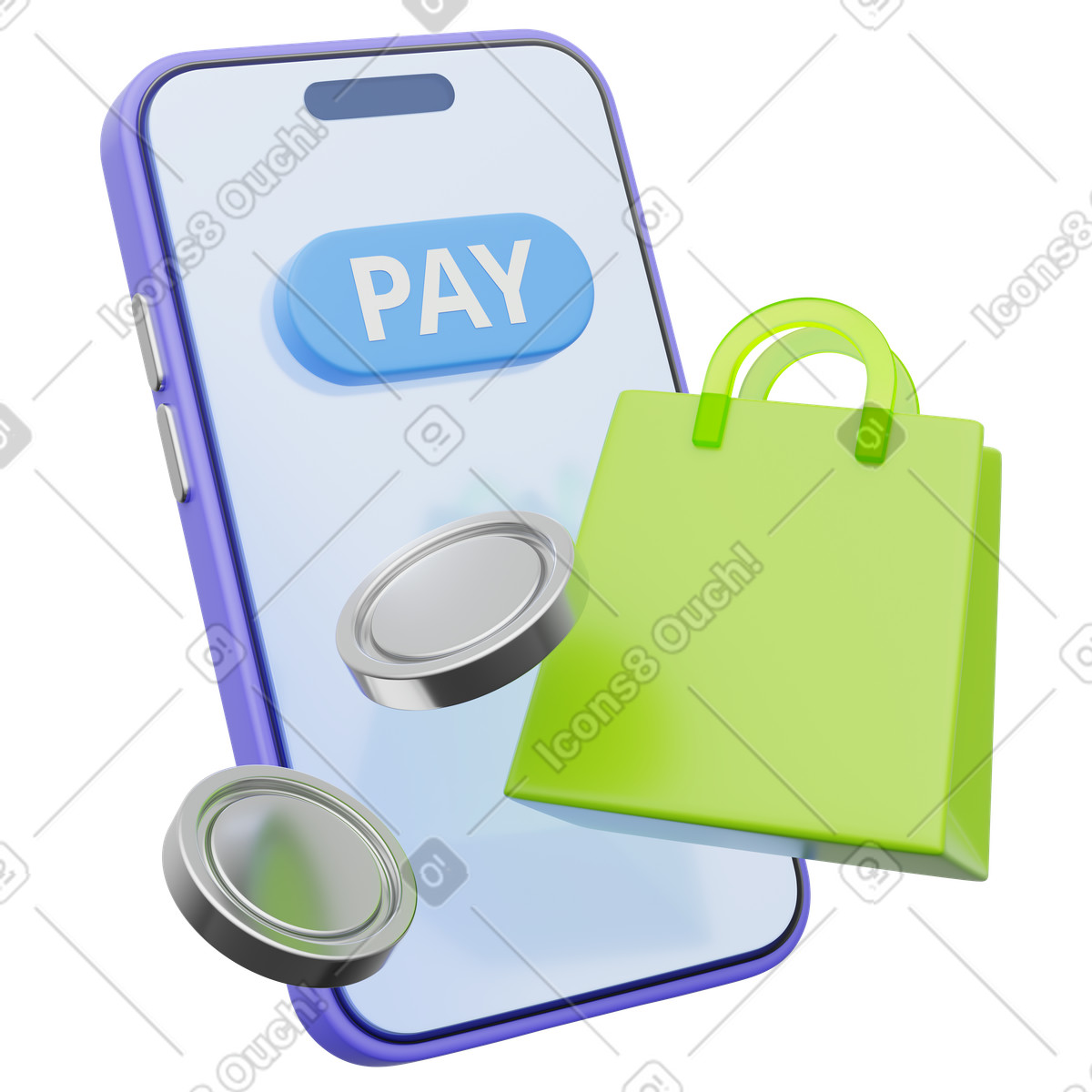 Illustration Paiement mobile pour achats, téléphone avec pièce et sac de courses, numérique dans le style 3D Playful à télécharger aux formats PNG, SVG