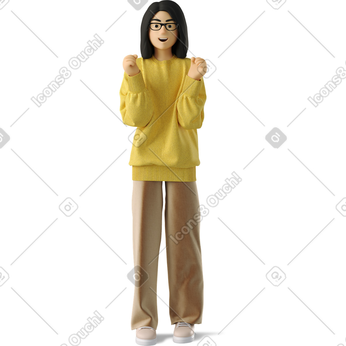 Illustration Smiling woman raised her fists dans le style 3D Business à télécharger aux formats PNG, SVG