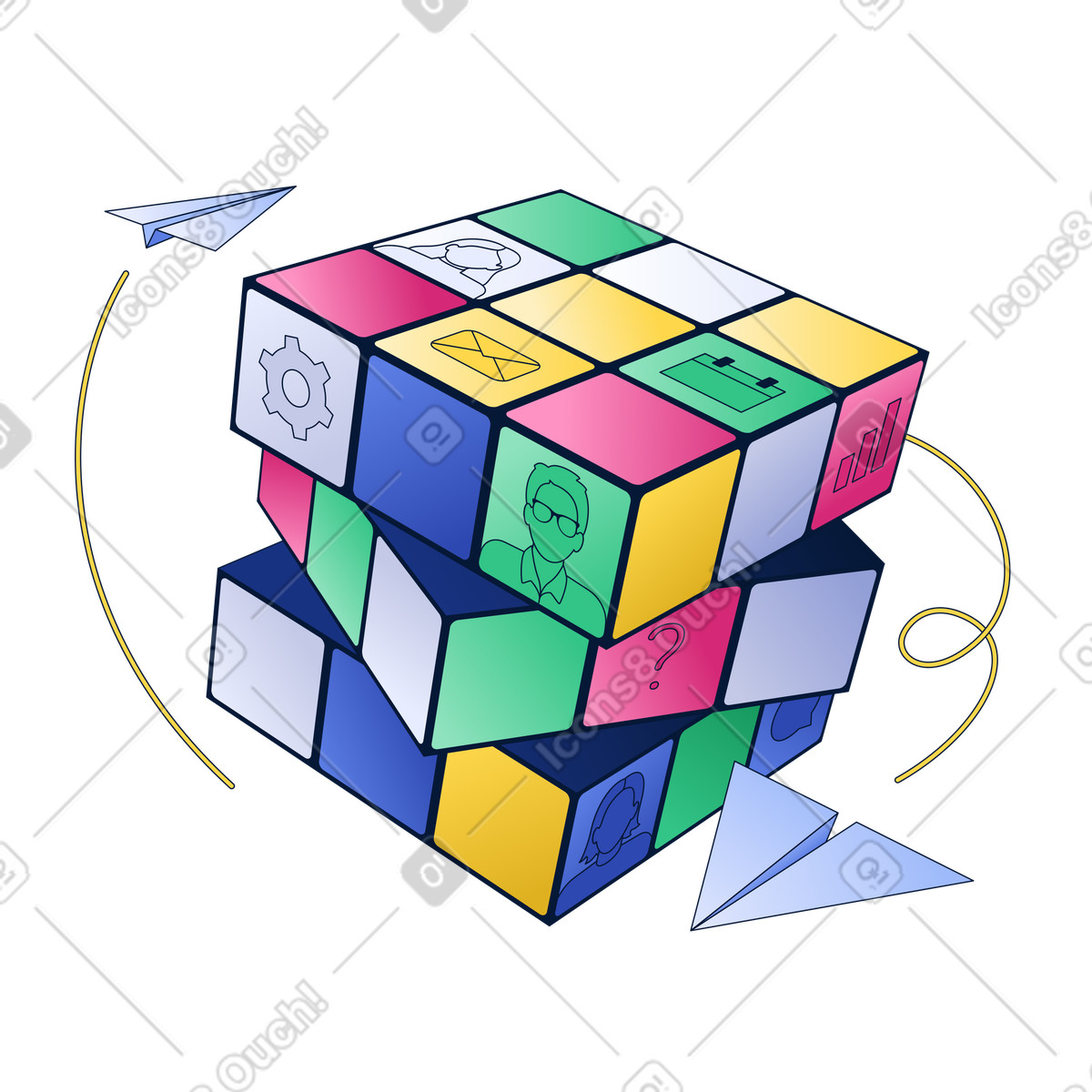 Rubik’s cube with business icons, process optimization, Cross-functional team collaboration illustration in Neat style download in PNG, SVG