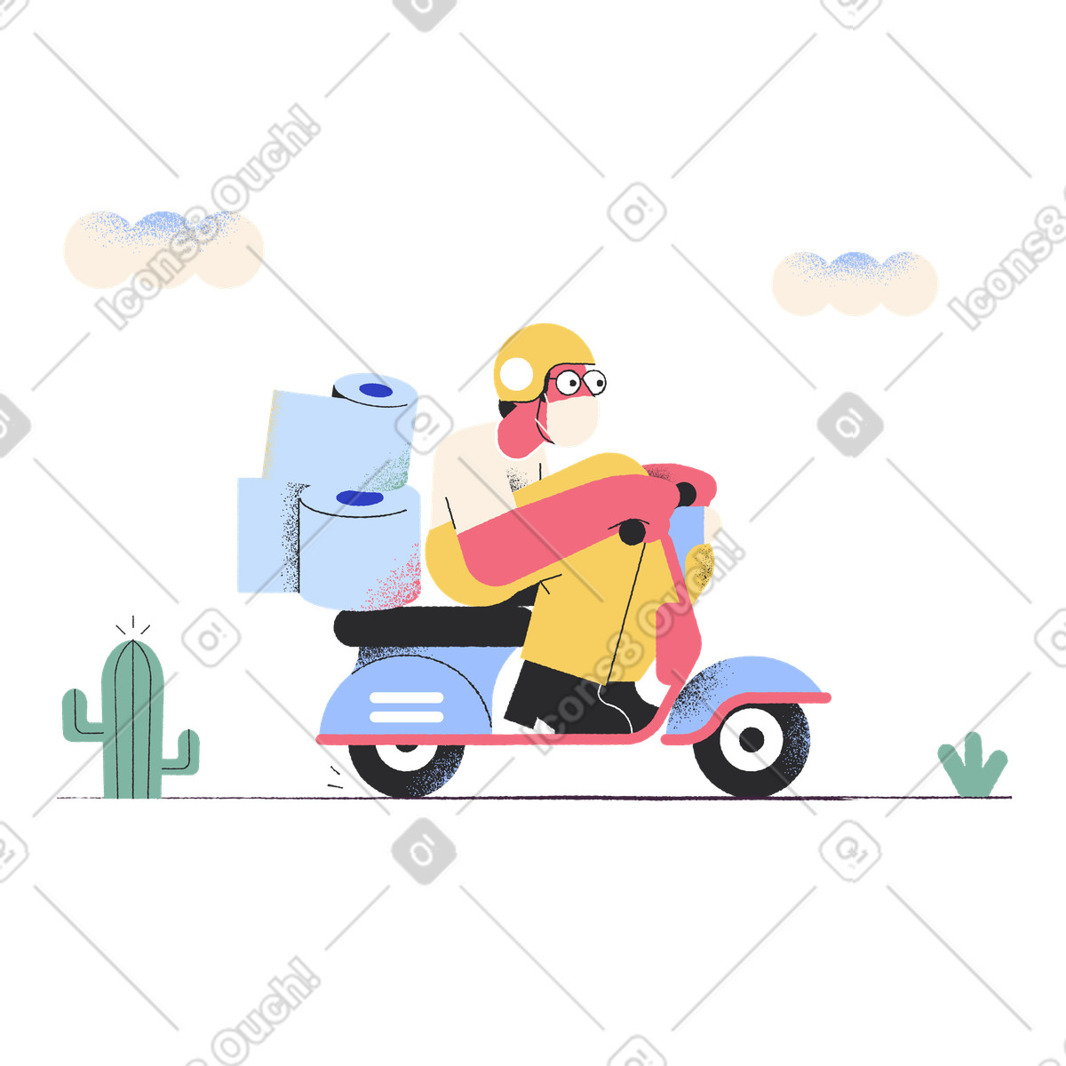 Illustration Livreur à vélo livrant du papier toilette dans le style Pablo télécharger aux formats PNG, SVG