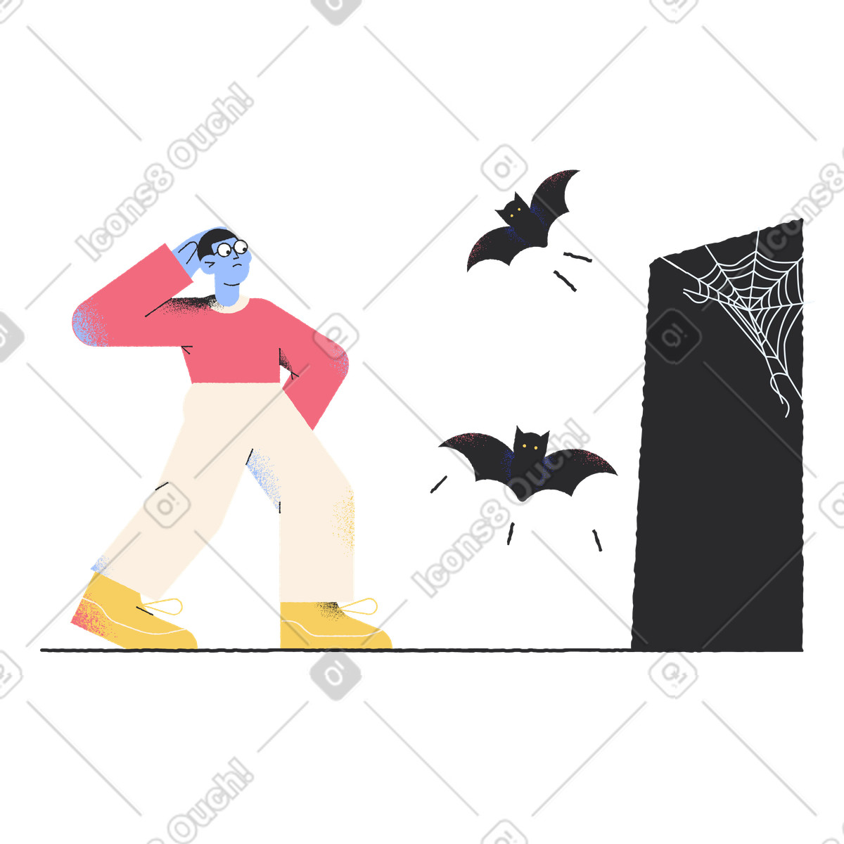 Pablo スタイルの Bats flying out of haunted place, Halloween mystery or bad gateway concept のイラストをPNG、SVG形式でダウンロード
