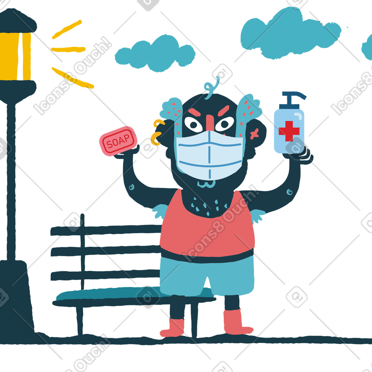 Flamenco スタイルの Old man holding soap and antibacterial agent in his hands のイラストをPNG、SVG形式でダウンロード