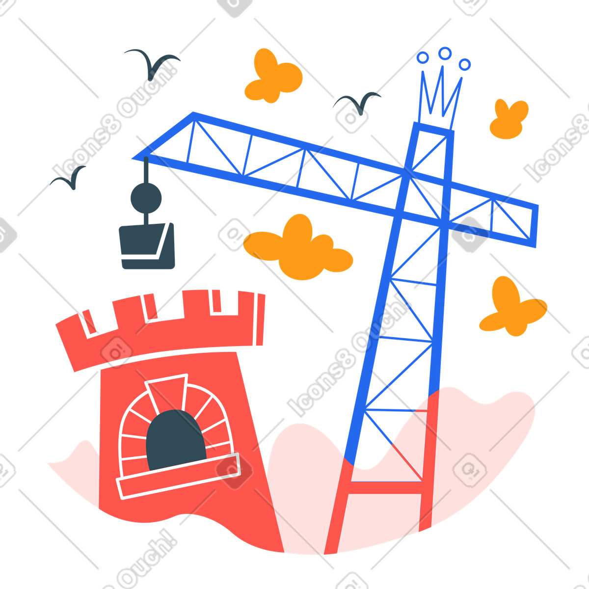 Construction site with crane and fort, Building process and coming soon concept illustration in Kingdom style download in PNG, SVG