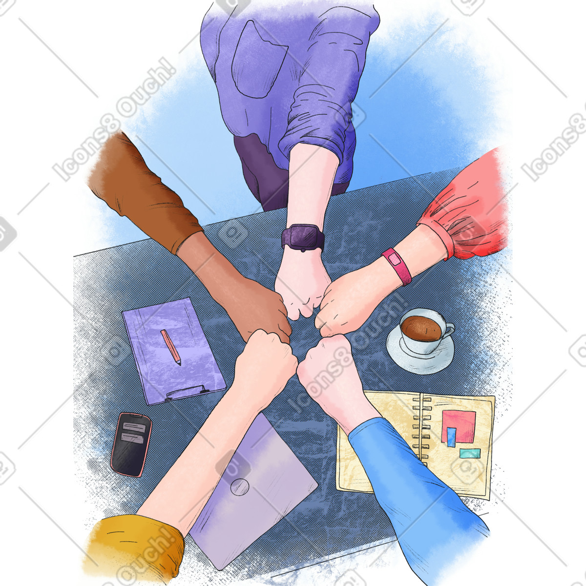Ilustração de Vista superior do trabalho em equipe com pessoas batendo os punhos no estilo Moments para baixar PNG, SVG