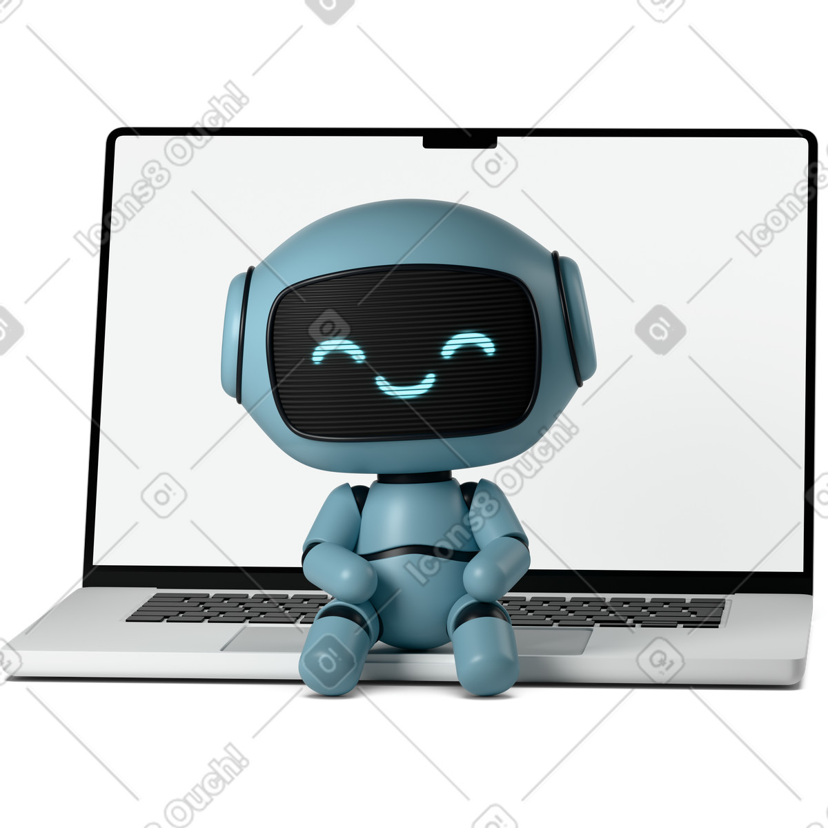 Ilustración Cute robot sitting on a laptop en estilo 3D Casual life descargar en PNG y SVG