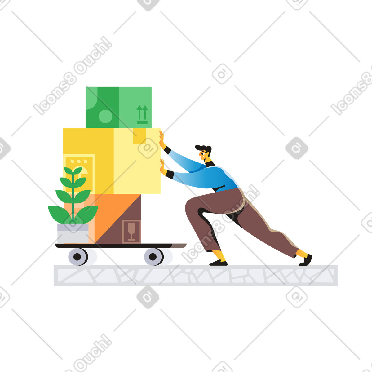 Fattorino che spinge una pila di scatole illustrazione in stile Jaconda scarica in PNG, SVG