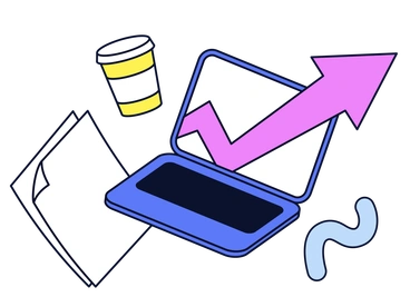 A laptop with a rising graph and coffee cup - Flexy style illustration