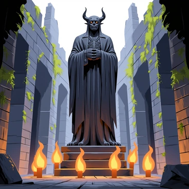 A towering demonic statue standing in an abandoned ruin lit by torches