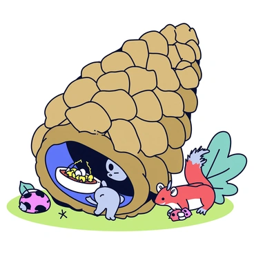 A giant pine cone with rough, textured scales sits on the ground, showcasing its natural brown and green hues. Tiny woodland creatures, such as a small grey mouse and a bright-eyed red squirrel, are seen making their homes among the scales. The mouse is peeking out from a small opening, while the squirrel gathers twigs and leaves nearby. A delicate bird's nest with tiny eggs is nestled in one of the larger scales, and a ladybug crawls on the surface. Sunlight filters through the trees, casting dappled shadows around the scene.