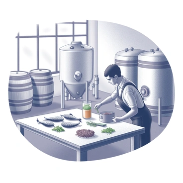 A craft brewery setting with various brewing equipment, including large stainless steel fermentation tanks and wooden barrels stacked in the background. In the foreground, a brewer is carefully measuring fresh ingredients like hops, malt, and herbs. On a table nearby, there are several herring fillets, surrounded by aromatic herbs and spices, ready to be added to the brewing process. The brewery has large windows letting in light, illuminating the scene of craftsmanship and creativity.