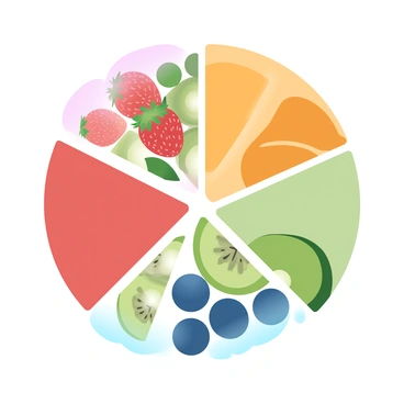 A pie chart made of colorful fruit slices is arranged in a circular shape. The chart is divided into segments with distinct fruits such as strawberries, oranges, kiwis, and blueberries. Each segment represents a different fraction of the whole, with some segments larger than others, indicating an improper fraction greater than one. The fruit slices appear fresh and vibrant, creating an inviting composition. The background features a soft gradient of pastel colors, enhancing the visual appeal of the pie chart.