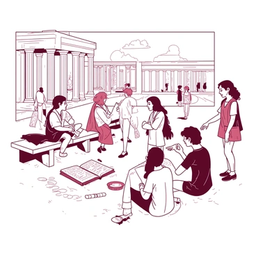 A duotone illustration depicting "Aristotle's Academy" set in an open-air environment surrounded by classical columns and stone structures. In the center, a group of students is gathered around and engaged in discussion, showcasing animated gestures. To one side, a student is sitting on a stone bench with scrolls spread out, focused on reading. Another student is standing and pointing towards a diagram drawn in the sand, explaining a concept to their peers. In the background, a few students are walking along a path, deep in conversation, while others are sketching observations of nearby plants. The sky above is clear, adding to the lively atmosphere of learning and collaboration.