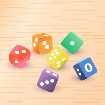A set of six dice in various colors of the rainbow is scattered across a wooden tabletop. Each die is a different vibrant color, including red, orange, yellow, green, blue, and purple. The dice have white dots representing the numbers on their faces. Some dice are resting on their sides, displaying different numbers, while others are positioned upright. The surface of the tabletop has a natural wood grain texture, providing a warm backdrop for the colorful dice arrangement.