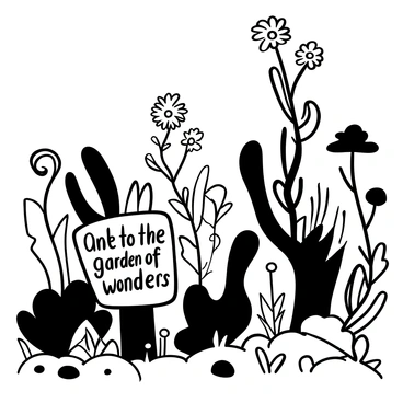 A garden filled with various plants exhibiting unpredictable shapes, such as spiraling leaves, jagged edges, and flowing vines. The plants vary in height, creating a dynamic landscape. Some plants have round, bulbous forms while others are tall and slender, intertwining with each other. There are clusters of unusual flowers with curious patterns, stretching towards the sky. "Welcome to the garden of wonders" is written on a wooden sign placed among the foliage. The ground is dotted with pebbles and patches of grass, adding texture to the scene.
