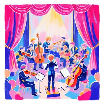 A pop-up board displays an orchestra on a grand stage. The stage is adorned with rich velvet curtains in deep red. Various musicians are positioned throughout the stage, each engaged in playing their instruments. A conductor stands in front, holding a baton and directing the musicians. In the foreground, a violinist with curly hair wears a formal black suit, while a cellist with glasses sits beside a large cello. To the side, a trumpeter raises his instrument, and a flutist is poised with her flute. The atmosphere is filled with vibrant colors, highlighting the instruments and the focused expressions of the musicians.