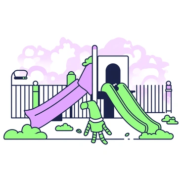 A playground slide is positioned prominently in the center of the image. Emerging from the bottom of the slide is a greenish hand with a skeletal appearance, indicating a zombie presence. The slide has a shiny surface and includes a few scattered leaves. The sky is filled with clouds, creating a muted light across the scene. In the background, there are a couple of swings, slightly swaying, and a tall fence partially visible on one side. The playground appears empty, enhancing the focus on the zombie hand.