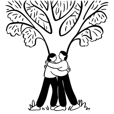Two friends with casual clothing embracing in a warm, comforting hug under a large tree with a thick trunk and sprawling branches. The tree is filled with textured leaves that create a dense canopy overhead. The ground is covered with scattered leaves and small patches of grass around their feet. Sunlight is filtering through the branches, casting soft shadows on the ground. The friends' arms are wrapped around each other, conveying a sense of connection and support.