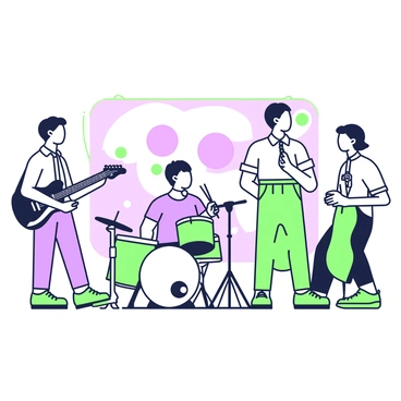 A band of four musicians is standing together in a semicircle, nodding in agreement with one another before starting their performance. The guitarist on the left has a sleek electric guitar slung over his shoulder. Next to him, the drummer is seated at a drum kit, holding a pair of drumsticks, ready to play. The vocalist stands in the center, adjusting the microphone stand while wearing a casual shirt. On the far right, the bassist leans slightly forward, smiling at the group. Behind them, a backdrop with abstract shapes provides a dynamic setting for the performance.