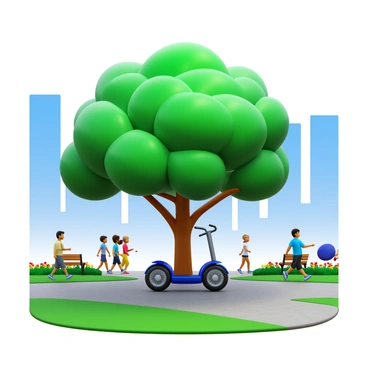 A Segway resting on a charging station beneath a large, leafy tree. The tree's broad branches provide shade, casting dappled light onto the Segway. Surrounding the Segway, people walk along paved pathways, some jogging and others sitting on benches. Colorful flowers bloom in flowerbeds nearby, and a family plays with a frisbee in the grass. In the distance, tall buildings of the city skyline rise against a clear blue sky.