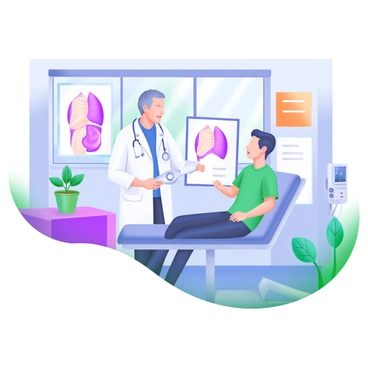 A bright clinic room featuring a doctor standing beside a patient. The doctor is a middle-aged individual wearing a white coat and holding a medical chart. The doctor is gesturing towards a diagram of the male anatomy that is displayed on the wall, highlighting the area affected by gynecomastia. The patient, a young man, is seated on an examination table, looking attentive and engaged. Soft natural light streams through a window, illuminating the room filled with medical equipment, colorful posters, and a potted plant on a desk nearby.