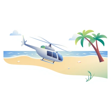 A sleek, silver private helicopter is descending onto a sandy beach. The helicopter's rotors are spinning, creating a slight disturbance in the air. The sand is a light golden color, dotted with small seashells and beach grass. In the background, gentle waves are rolling in, creating a soft white foam along the shoreline. The sky is clear with a few wispy clouds, and a couple of palm trees are swaying lightly to the side, framing the scene.