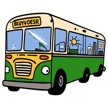 Close-up of an old bus with big windows displaying vintage route signage. The bus has a weathered exterior with peeling paint in shades of cream and green. The metal details are rusty, and the wheels are partially obscured by the bus body. Sunlight glints off the glass of the windows, enhancing the legibility of the route signs. The background features a blurred urban scene, hinting at a nostalgic atmosphere.