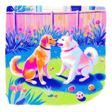 Two dogs are playfully biting at each other's collars in a backyard setting. One dog is a medium-sized brown Labrador with a shiny coat, while the other is a fluffy white Samoyed with a thick mane. They are both crouched low, tails wagging, with their teeth gently gripping the other's collar. The grass is vibrant green, and there are a few scattered colorful toys lying around. In the background, a wooden fence encloses the yard, and bright flowers bloom along the sides, adding to the lively atmosphere.