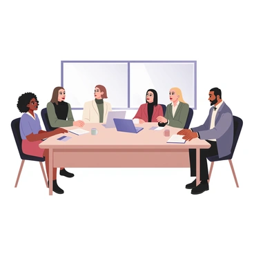 A digital flat illustration depicting a diverse group of six professionals gathered around a rectangular table. The individuals include a woman with dark skin and curly hair wearing a blue blouse, a man with light skin and short brown hair dressed in a green shirt, a woman with medium skin and straight black hair wearing a white blazer, a man with medium skin and a beard in a black turtleneck, a woman with light skin and wavy blond hair in a red dress, and a man with dark skin and shaved head in a grey suit. They are all smiling and engaged in discussion, with notebooks and coffee cups on the table. A laptop is placed in the center of the table, and a large window in the background allows natural light to filter into the room.