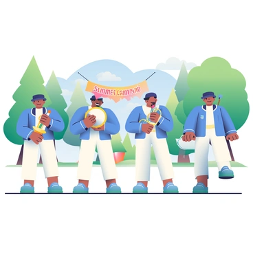 A group of five students is practicing their marching band routine in a sunlit field at a summer camp. Each student is wearing a matching uniform that consists of a bright blue jacket, white pants, and a black hat with a feather. They are positioned in a line, with one student holding a shiny trumpet, another playing a snare drum, and a third waving a baton. In the background, there are tall green trees framing the scene, and a blue sky dotted with fluffy white clouds. The students' faces show concentration as they practice their synchronized movements, with their feet lifting in unison. A colorful banner reading "Summer Camp Band" is hung on a nearby tree.