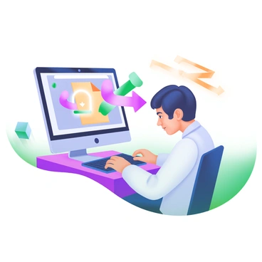 A person sending a digital file from one computer to another with animated arrows