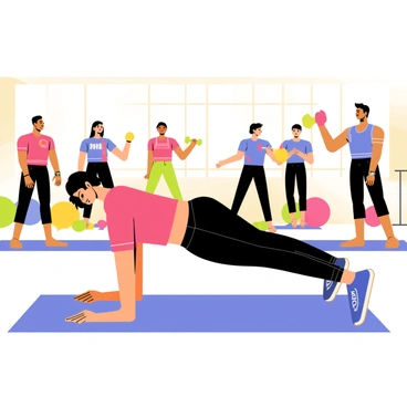 A fitness instructor with short black hair is demonstrating the "superman" exercise in a bright, colorful gym class. The instructor is wearing a fitted red workout top and black leggings, showcasing a strong posture as they lie face down on an exercise mat. The class consists of several diverse participants, all following the instructor's lead, with some on mats and others standing nearby. Various gym equipment, like dumbbells and exercise balls, are scattered around the room. Sunlight filters in through large windows, illuminating the space and creating a motivating atmosphere.